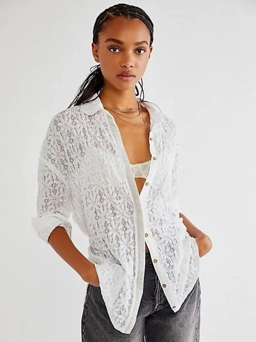 Free People Must Have Tunic Ivory Lace Velvet Trim Tie Waist XS FLAWS
